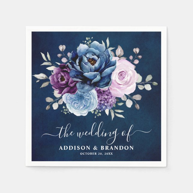 Serviette En Papier Dusty Blue Purple Navy Lilac Blooms Mariage Napkin (Devant)