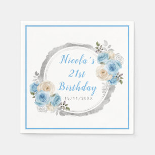 Serviette En Papier Dusty Blue Silver Fleurs élégantes fête d'annivers