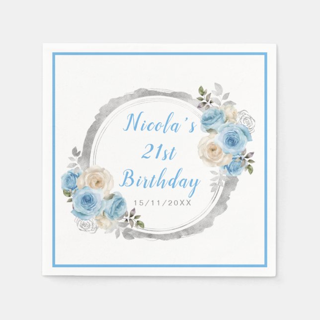 Serviette En Papier Dusty Blue Silver Fleurs élégantes fête d'annivers (Devant)