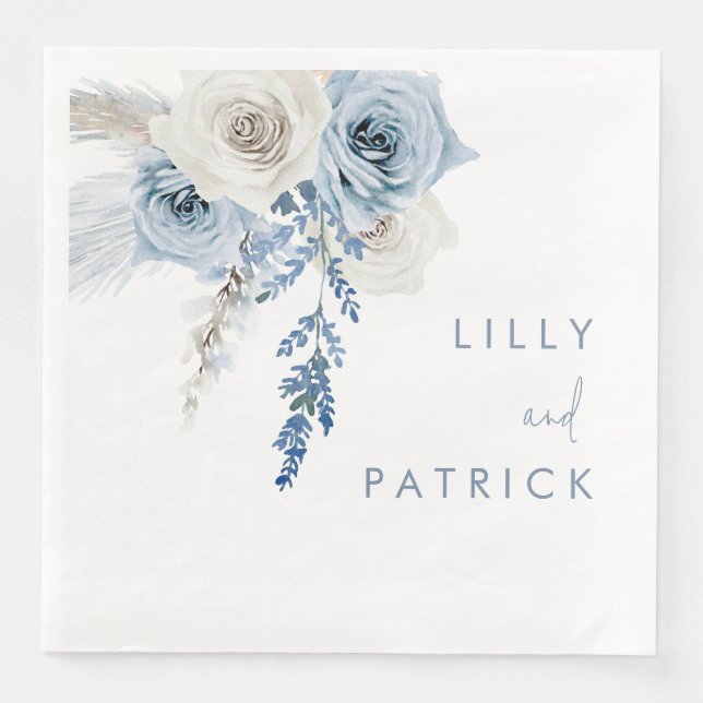 Serviette En Papier Dusty Blue & White Boho Floral Mariage Fiançailles (Devant)