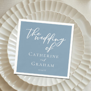 Serviette En Papier Dusty Blue White Typographie Mariage côtier