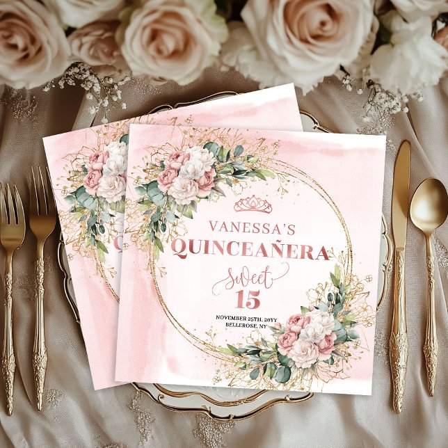 Serviette En Papier Dusty Pink Floral Napkins for Elegant Quinceañera (Dusty Pink Floral Napkins for Elegant Quinceañera)