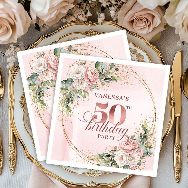 Serviette En Papier Dusty Pink Rose Gold Floral 50th Birthday Dinner  (Dusty Pink Rose Gold Floral 50th Birthday Dinner Napkins

)