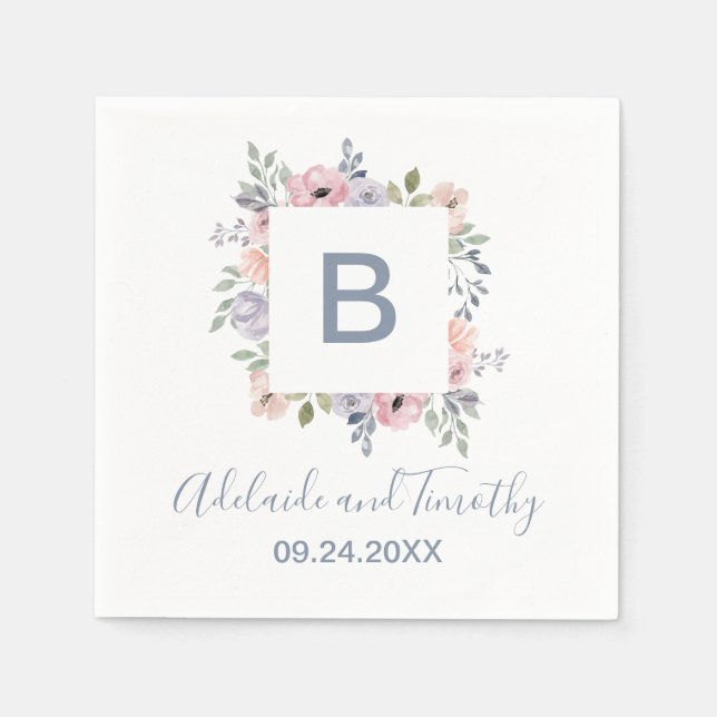 Serviette En Papier Dusty Rose Florals Monogram Mariage (Devant)