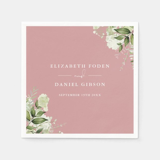 Serviette En Papier Dusty Rose Greenery Floral Elegant Names Date (Devant)