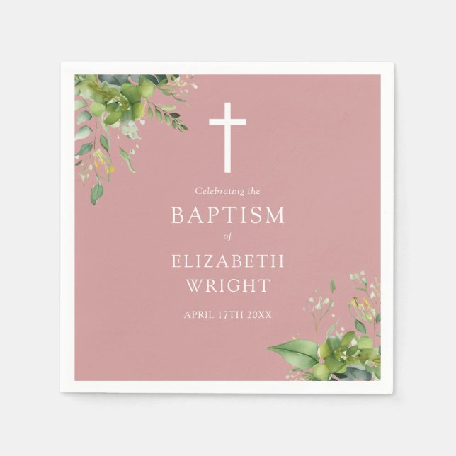 Serviette En Papier Dusty Rose Rose verdure Baptême Christening (Devant)