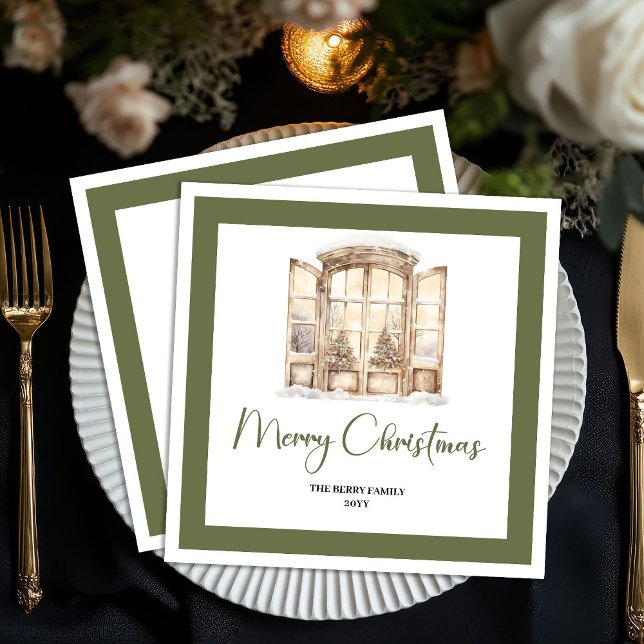 Serviette En Papier Earthy Green Christmas Door Personalized Napkins (Earthy Green Christmas Door Personalized Napkins)