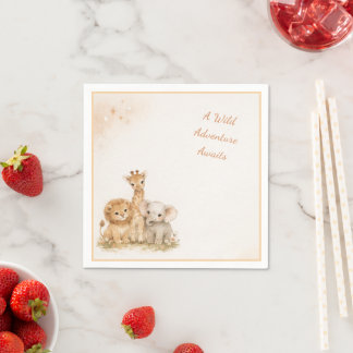 Serviette En Papier Earthy Neutral Lion Elephant Giraffe Kids Boho   