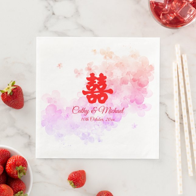 Serviette En Papier Eau mariage rouge de Chine fleurs de cerisier (En situation)