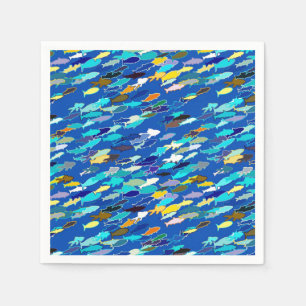 Serviette En Papier École des poissons, bleu-foncé, blancs, turquois