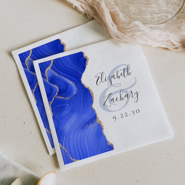 Serviette En Papier Écriture Agate Géode Bleu Royal Or Mariage (Créateur téléchargé)