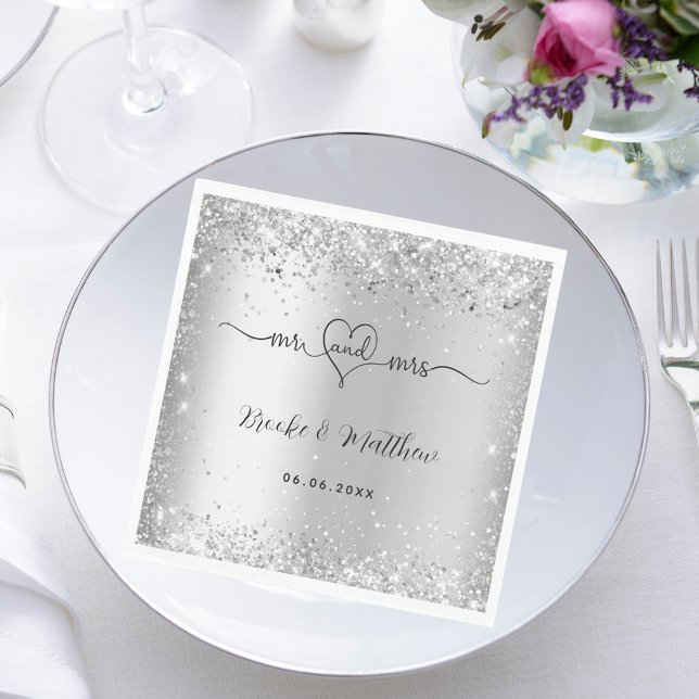 Serviette En Papier Ecriture élégante en argent m. mrs mariage coeur (Créateur téléchargé)
