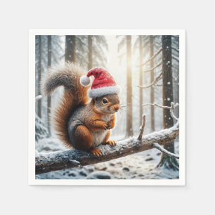 Serviette En Papier Écureuil de Noël sur la branche des arbres neigeux