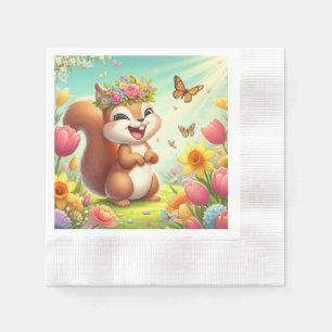 Serviette En Papier Écureuil du printemps mignon et heureux