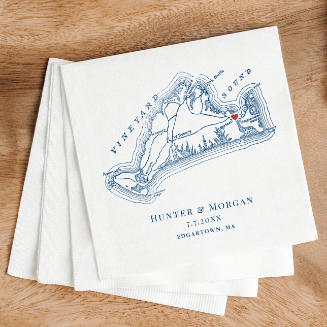 Serviette En Papier Edgartown MA Map Elegant Mariage bleu marine (Edgartown MA Martha's Vineyard Personalized Wedding Napkins in elegant Navy Blue, Coastal Map Design)