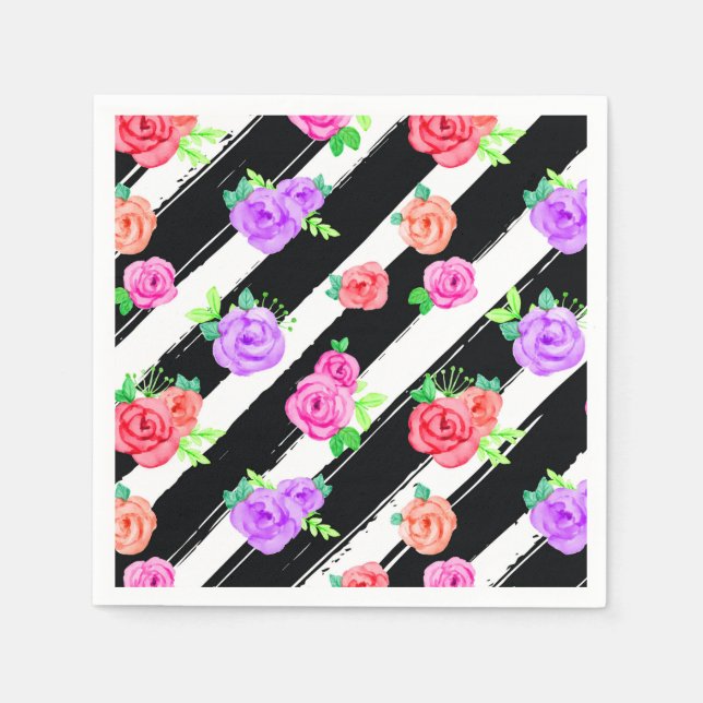 Serviette En Papier Edgy Rose & Moderne Stripes Soirée d'Anniversaire  (Devant)