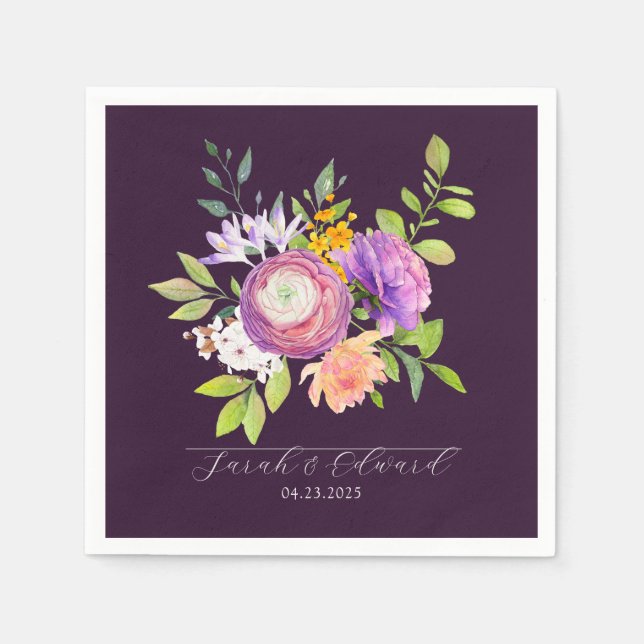 Serviette En Papier Éggplant pourpre Ranunculus Floral (Devant)