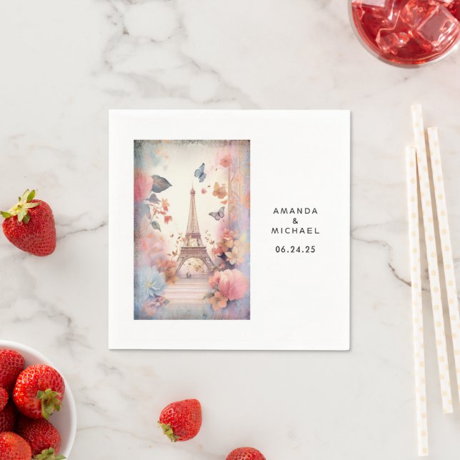 Serviette En Papier Eiffel Tower Butterflies and Flowers Wedding (En situation)