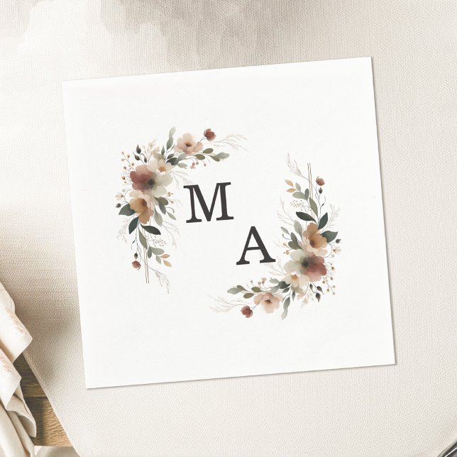 Serviette En Papier Élégance Ethérée Floral Wreath Mariage Monogramme (Wrap your celebration in elegance with our monogrammed napkins in 6 rustic hues.)
