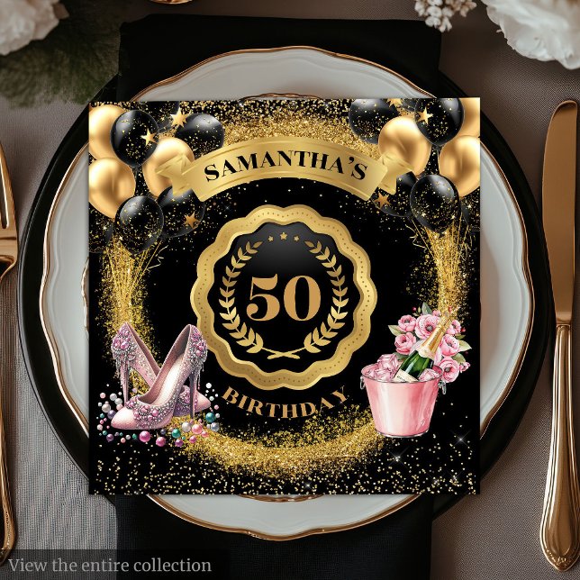 Serviette En Papier Élégant 50e Anniversaire Napkins Ballons d'or Glit (Elegant 50th Birthday Napkins Gold Balloons Glitter)