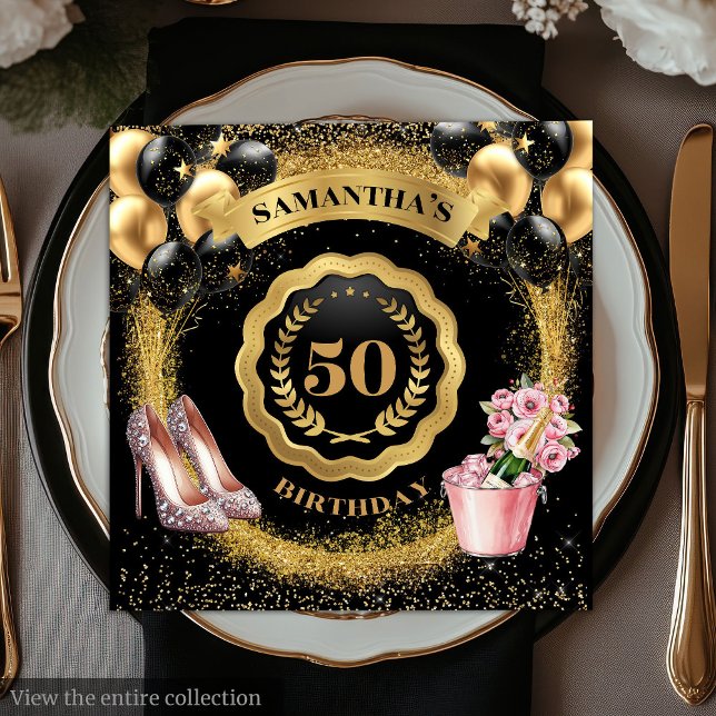 Serviette En Papier Elégant 50e anniversaire serviettes Parties scinti (Elegant 50th Birthday Napkins Gold Glitter Balloons)