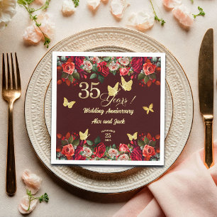 Serviette En Papier Élégant Anniversaire de Mariage Fleurs Or 35 ans