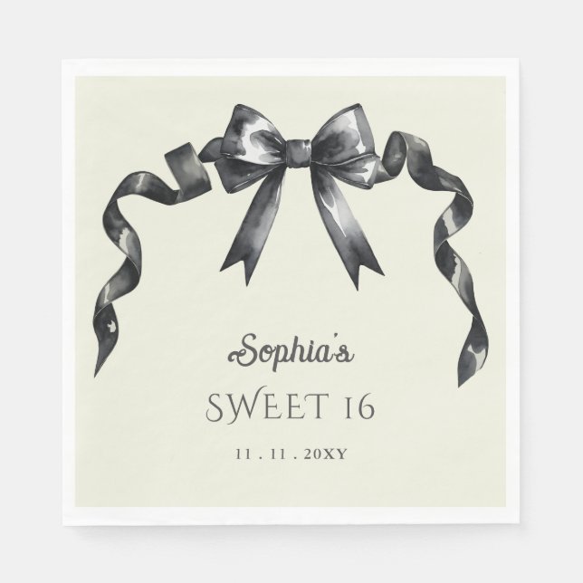 Serviette En Papier Elégant Aquarelle Coquette Black Bow Sweet 16 (Devant)