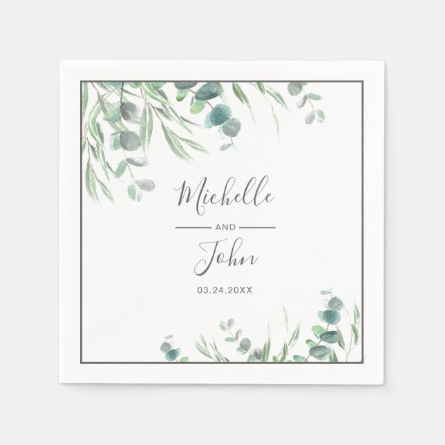 Serviette En Papier Elégant Aquarelle Eucalyptus Nom du feuillage Mari (Devant)
