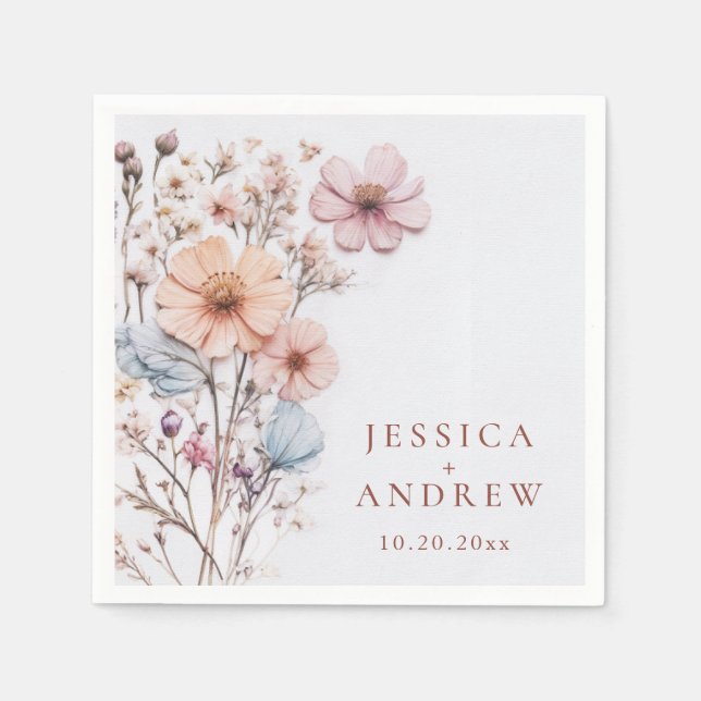 Serviette En Papier Elégant Aquarelle Fleurs sauvages Mariage (Devant)