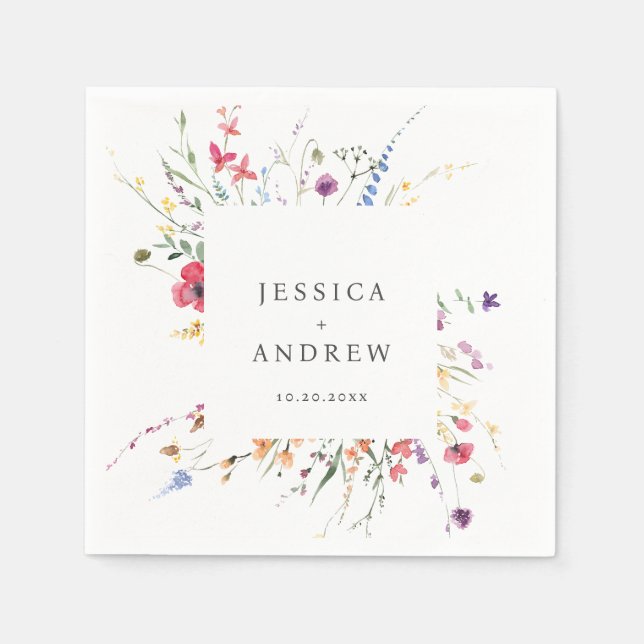 Serviette En Papier Elégant Aquarelle Fleurs sauvages Mariage (Devant)