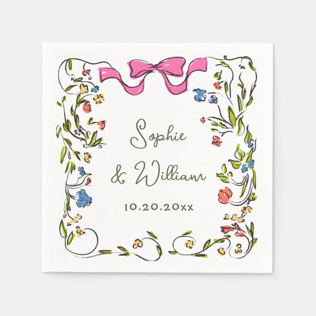 Serviette En Papier Elégant Aquarelle Fleurs sauvages Mariage (Devant)