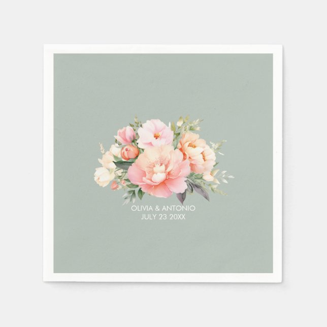 Serviette En Papier Elégant Aquarelle moderne Peony Sage Mariage vert (Devant)