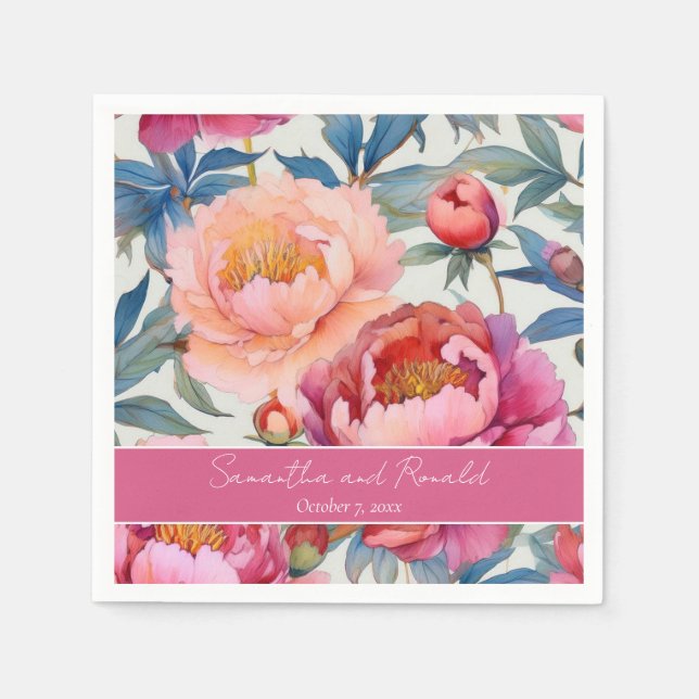 Serviette En Papier Elégant Aquarelle Peony Flowers Mariage (Devant)