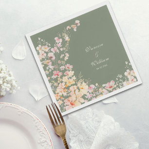 Serviette En Papier Elégant Aquarelle Sage Vert Fleur sauvage Mariage