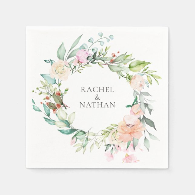 Serviette En Papier Elégant Aquarelle Verdure Floral Mariage (Devant)