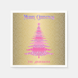 Serviette En Papier Élégant Arbre de Noël rose Nom Or Ornements