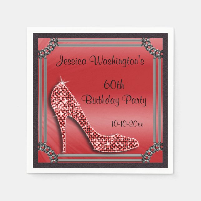 Serviette En Papier Elégant Argent encadré Stiletto Rouge 60e annivers (Devant)