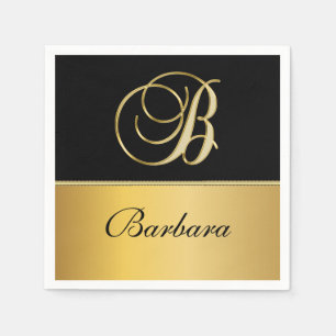 Serviette En Papier Élégant "B" Monogramme Nom personnalisé Black Gold
