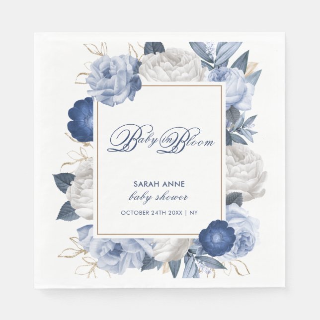 Serviette En Papier Elégant Baby shower à fleurs bleu et blanc (Devant)