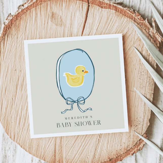 Serviette En Papier Élégant Baby shower en caoutchouc Ducky (Elegant meets cute rubber ducky Baby Shower napkins featuring a yellow ducky framed in a blue ribbon)