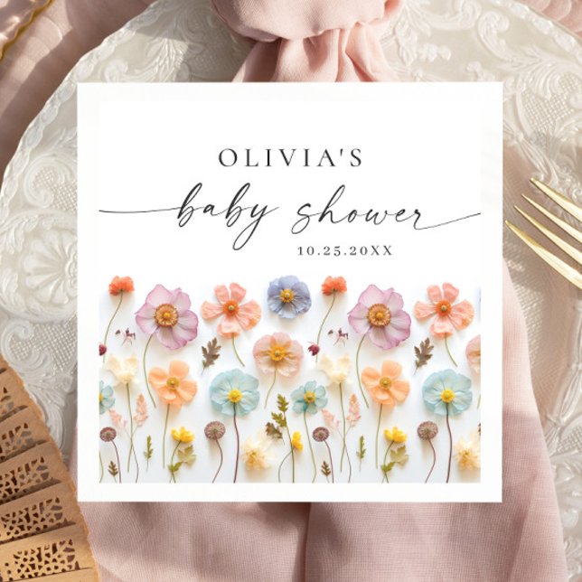 Serviette En Papier Elégant Baby shower Fleur sauvage Pastel Pink Boho (Créateur téléchargé)