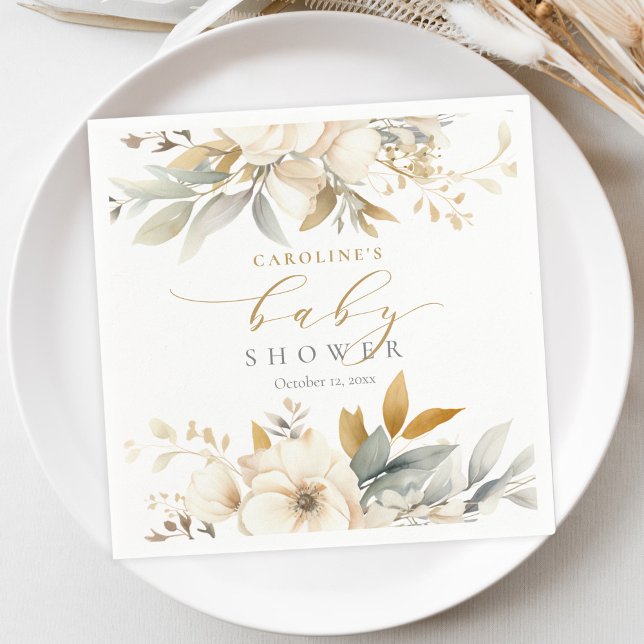 Serviette En Papier Élégant Baby shower floral neutre pour bébé (Créateur téléchargé)