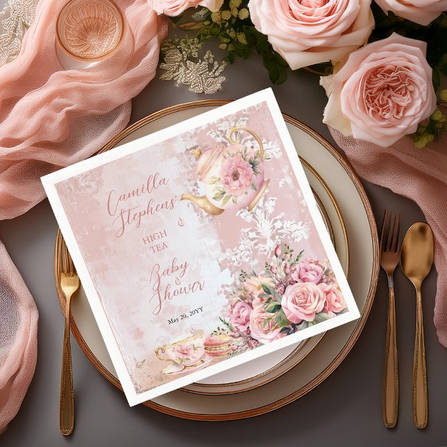 Serviette En Papier Élégant Baby shower Floral Rose High Tea Girl (Elegant Pink Roses Floral High Tea Teapot and Teacup Girl Baby Shower Paper Napkins)