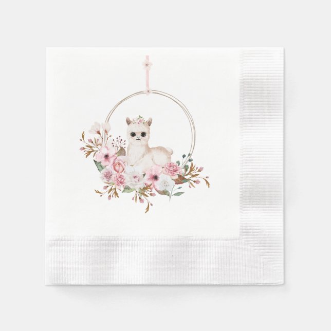 Serviette En Papier Elégant Baby shower Llama rose Floral (Devant)