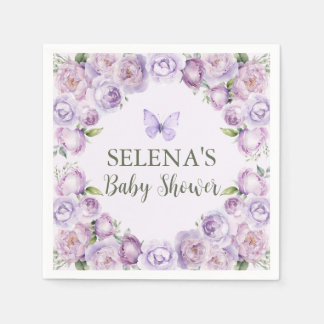 Serviette En Papier Élégant Baby shower papillon floral violet