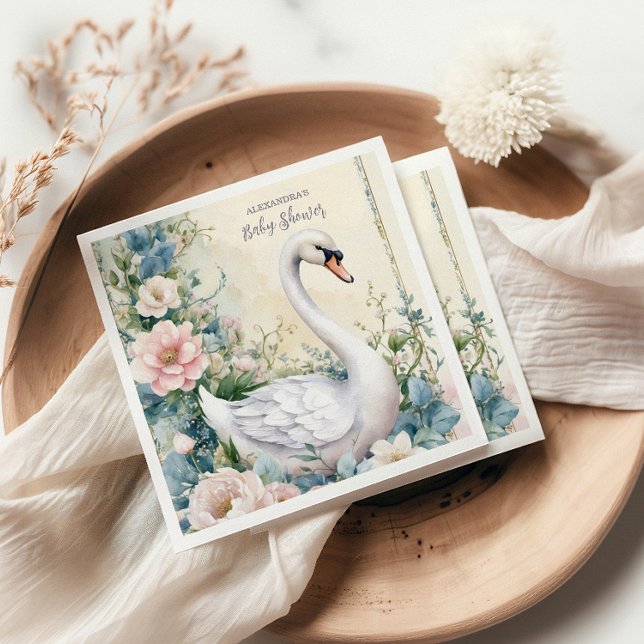 Serviette En Papier Élégant Baby shower rose vif du cygne floral (Créateur téléchargé)