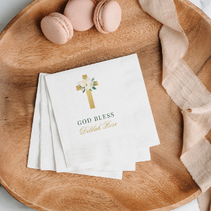 Serviette En Papier Élégant baptême croix florale verte or