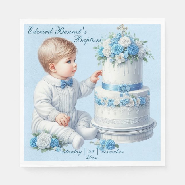 Serviette En Papier Élégant Baptême de Croix Florale Bleue (Devant)