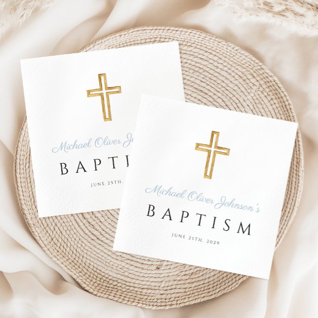 Serviette En Papier Élégant Bébé Bleu Script Religieux Garçon Baptême (Elegant Baby Blue Script Religious Boy Baptism Napkins)