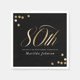 Serviette En Papier Elegant Black and Gold 80th Birthday Party